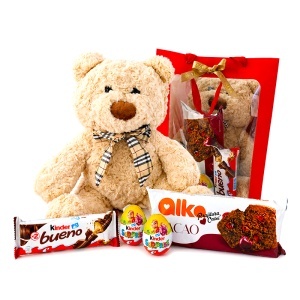 Pachet pentru copii Sweet Hug, ursulet de plus crem si mix dulciuri Kinder & Alko