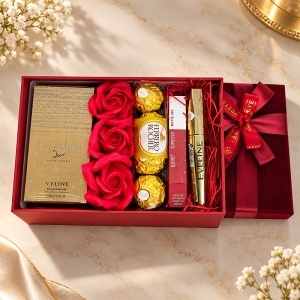 Pachet pentru femei cu parfum Golden Silver 30 ml, ruj mat USHAS, mascara Eveline, Ferrero Rocher si trandafiri de sapun rosii