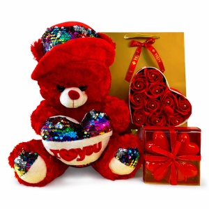 Pachet special Valentine – ursuleț de pluș, 4 lumânări inimă și aranjament cu trandafiri de săpun - Img 4