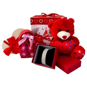 Pachet Special Valentine, cu ursulet plus 20 cm, bratara eleganta, cutie inima cu 10 trandafiri din sapun, ambalate in cutie cadou - Img 2