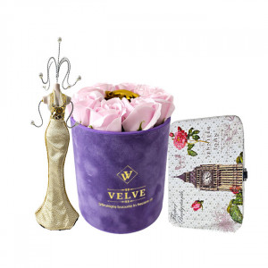 Pachet Velvet, cu 9 trandafiri de sapun, in cutie mov de catifea, Roz/Auriu, cutie bijuterii si suport bijuterii in forma de silueta - Img 7