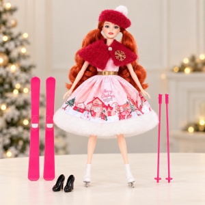 Papusa de Craciun cu schiuri, patine si accesorii, 30 cm, Roz, 3 ani+