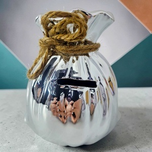 Pusculita din ceramica in forma de saculet, cu sfoara decorativa, 12x13 cm, Argintiu - Img 4