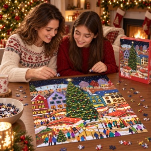 Puzzle Christmas Market, 1000 piese, peisaj de Craciun cu brad si targ festiv, multicolor - Img 3
