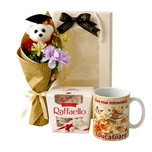 Set „Cea mai minunata Educatoare” cu cana personalizata, minibuchet cu ursulet, praline Raffaello si ambalaj elegant