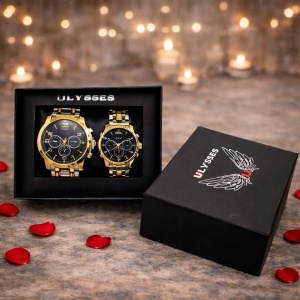 Set 2 ceasuri Ulysses dama si barbatesc, cu bratara din otel inoxidabil, Gold/Silver