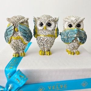 Set 3 figurine decorative, Bufnitele "Nu vad, Nu aud, Nu vorbesc", Albastru, 5x7cm - Img 6
