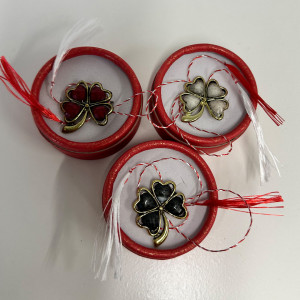 Set 3 martisoare tip brosa trifoi, Lucky, in cutii individuale cu fundita, Rosu