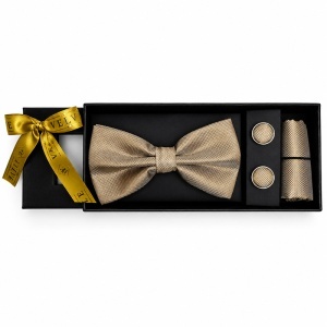 Set 3 piese Elegant pentru barbati, papion, batista si butoni, Auriu bej