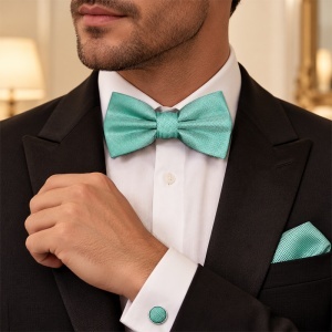 Set 3 piese Elegant pentru barbati, papion, batista si butoni, Verde menta - Img 2