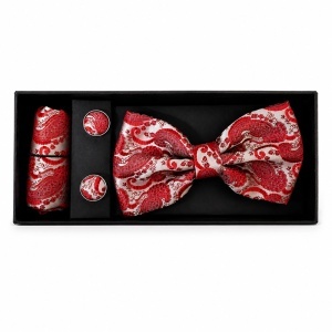 Set 3 piese Elegant pentru barbati, papion, butoni si batista din stofa, cu imprimeu paisley rosu