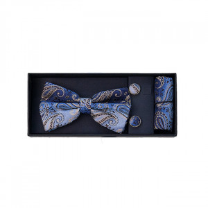 Set 3 piese Mistery, pentru barbati, papion, butoni si batista din stofa, albastru cu imprimeu auriu, MS101