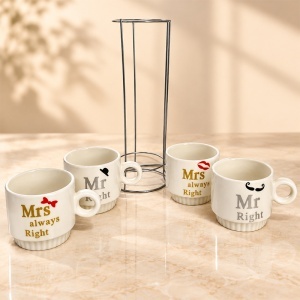 Set 4 cani Mr Right si Mrs Always Right, 200 ml fiecare, cu suport metalic, inaltime 25 cm, in cutie stilizata - Img 3