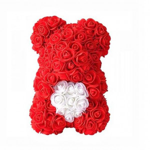Set cadou fete, Ursulet floral  cu inima alba din spuma 25 cm si Parfum Extreme Rose 100ml