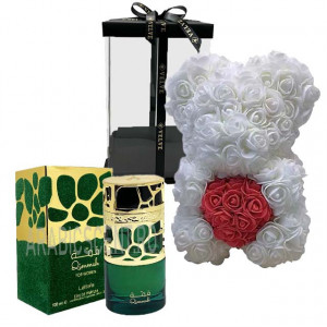 Set cadou femei, Ursulet floral cu inima rosie din spuma 25 cm si Parfum Lattafa Qimmah Woman 100 ml