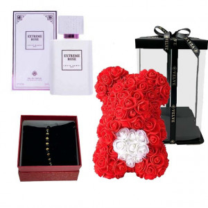 Set cadou femei, Ursulet floral din spuma rosu cu inima alba, parfum Louis Varel Extreme Rose 100 ml si bratara zirconiu in cutie