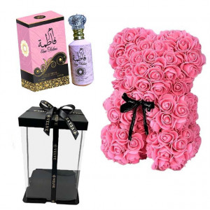 Set cadou femei, Ursulet floral roz cu inima alba din spuma 25 cm si Parfum Wadi al Khaleej Umm Fatima 100ml