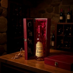 Set cadou "Pentru cei mai buni nasi", caseta eleganta din lemn, cu maner, o sticla vin si 4 accesorii bar - Img 6