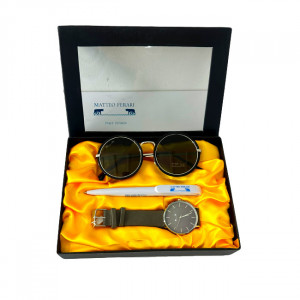 Set cadou pentru femei MATTEO FERARI, cutie cu trei articole practice, ceas dama, ochelari de soare si pix 20.5x15cm, Kaki1