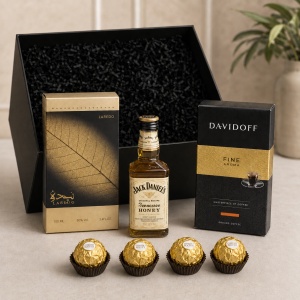 Set cadou unisex, Cutie eleganta cu Apa de Parfum Lattafa Najdia in Gold 100ml, cafea Davidoff Fine Aroma 250gr, Whisky Jack Daniel's Honey 200ml si praline Ferrero Rocher