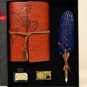 Set caligrafie Vintage Spark cu jurnal maro, toc cu pana bleumarin, calimara si suport, in cutie cadou - Img 2