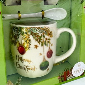 Set cana ceramica, farfurie si lingurita, Merry Christmas, ambalata in cutie cu fereastra, 200ml - Img 4