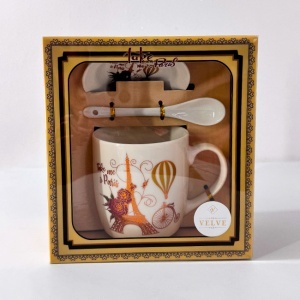 Set cana ceramica, farfurie si lingurita, Take me to Paris, ambalata in punga cu fereastra, 200ml - Img 4