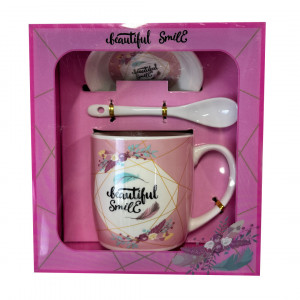 Set cana din ceramica pentru ceai, Energy Mug, 300ml, cu lingurita si farfurie din ceramica, imprimata floral, in cutie eleganta, Beautiful Smile - Img 4