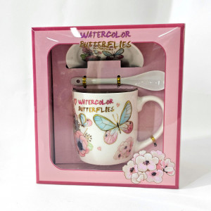 Set cana din ceramica pentru ceai, Energy Mug, 300ml, cu lingurita si farfurie din ceramica, imprimata floral, in cutie eleganta, WaterColor Butterflies Blue 2