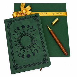 Set Celestial cu agenda vintage din piele ecologica si pix, design Soare si fazele Lunii, in cutie eleganta - Img 4