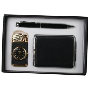 Set Chack pentru barbati, Portcard cu pix si bricheta cu ceas incorporat, Negru
