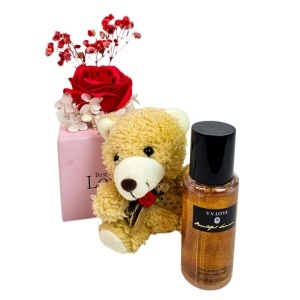 Set cu ursulet de plus, trandafir rosu de sapun, gypsophila criogenata si Shine Body Mist 90 ml - Img 3