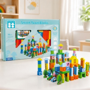 Set cuburi educative din lemn Smart Town Blocks, 100 piese, pentru construit oras, Multicolor, 36 luni+