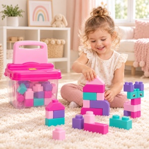 Set cuburi moi de constructie, 20 piese mari, cutie de depozitare cu functie de scaun, 3 Ani+, roz - Img 3