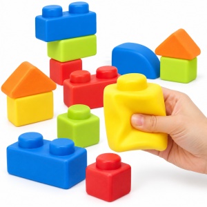 Set cuburi moi de constructie, 20 piese mari, cutie de depozitare cu functie de scaun, 3 Ani+, albastru - Img 2