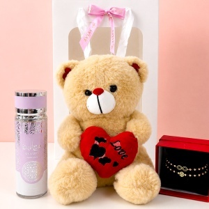 Set dama Teddy Box cu ursulet crem cu inima de plus, spray de corp arabesc VV LOVE si set de bratari in cutie rosie - Img 4