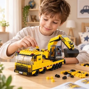 Set de constructie 6 in 1, camion cu excavator, 1000 piese, 28 cm, 6+ ani - Img 3
