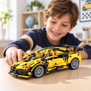 Set de constructie Supercar galben, 422 piese, mecanism pull-back, scara 1:18, 6 ani+ - Img 3