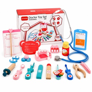 Set de joaca Doctor si Stomatolog din lemn, 36 piese, accesorii medicale, 3+ ani