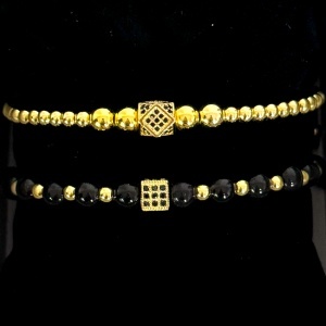 Set Diamond, doua bratari unisex, cu bile din inox si cristale de zirconiu, Negru-Auriu - Img 4