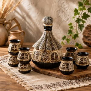 Set din ceramica pentru tuica si vin, sticla in forma de coliba si 6 pahare, Bej-Maro - Img 4