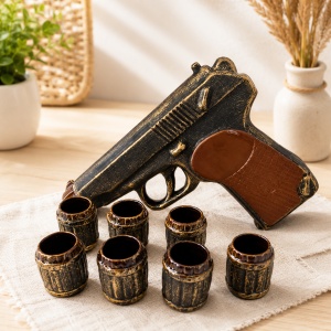 Set din ceramica pentru tuica si vin, sticla in forma de pistol si 6 pahare, Maro-Negru - Img 2