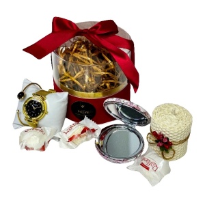Set elegant Strong Vibe, pentru femei, oglinda, set cu ceas si bratara, praline Raffaello si lumanare decorativa, in cutie eleganta rotunda , Rosu