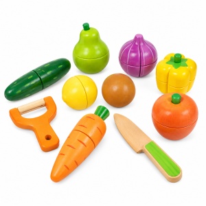 Set fructe si legume de taiat din lemn pentru copii, 12 piese, cutit si curatator, multicolor, 3+ ani