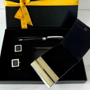 Set cadou pentru barbati VLV, 3 piese port card, butoni si pix, Negru