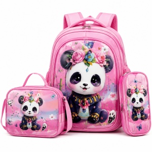 Set ghiozdan fete pentru scoala 3 piese cu panda si flori, 42 x 33 cm