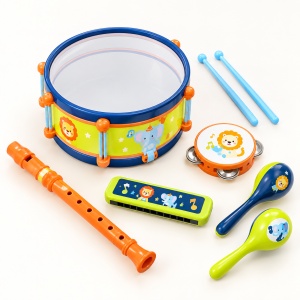Set instrumente muzicale pentru copii cu toba, fluier, muzicuta, tamburina si maracas, multicolor, 3 ani+