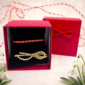 Set martisor premium, cu bratara rosu-auriu cu bilute si brosa stralucitoare - Img 2