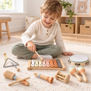 Set Montessori de instrumente muzicale pentru copii, xilofon, tamburina, maracas si accesorii, Lemn, 3 ani+ - Img 3