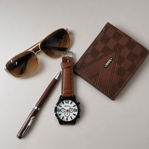 Set pentru barbati Urban Maverick, cu portofel din piele eco maro, ceas modern, ochelari de soare aviator si stilou in cutie eleganta - Img 3
